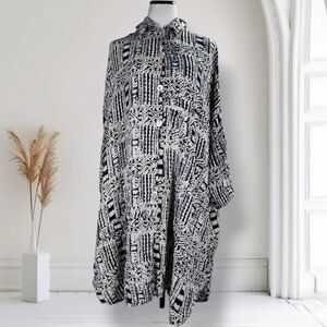 Tienda Ho Oversized Silk Midi Lagenlook Dress Navy Tribal Graphic Print Tunic